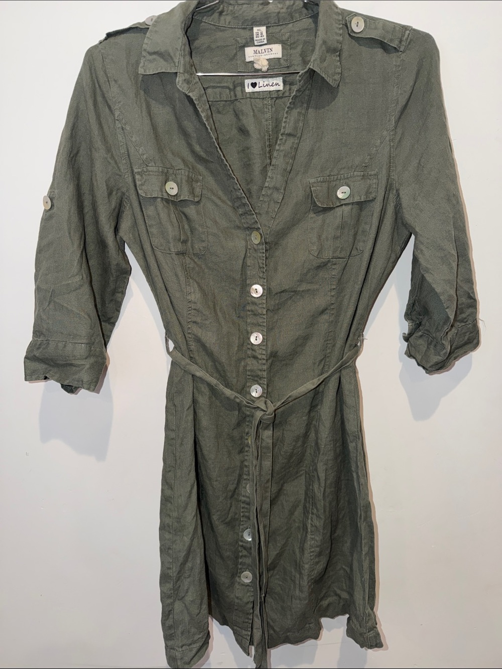 Malvin German Linen Dress Army Green Button Down Women’s Size XL